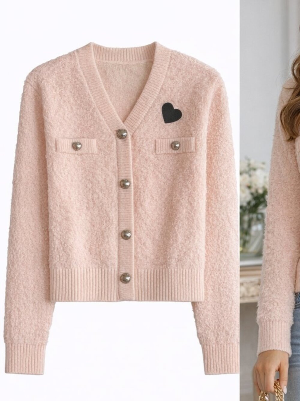 Fluffy Knit Cardigan with Heart Details – Baby Pink | NWT